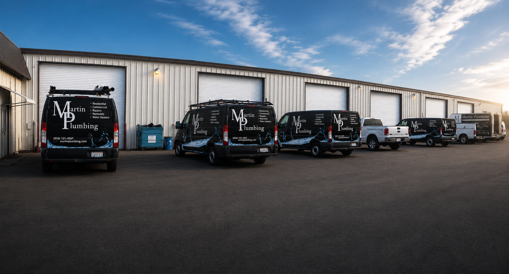 Martin Plumbing service vehicles outside the Oakdale facility